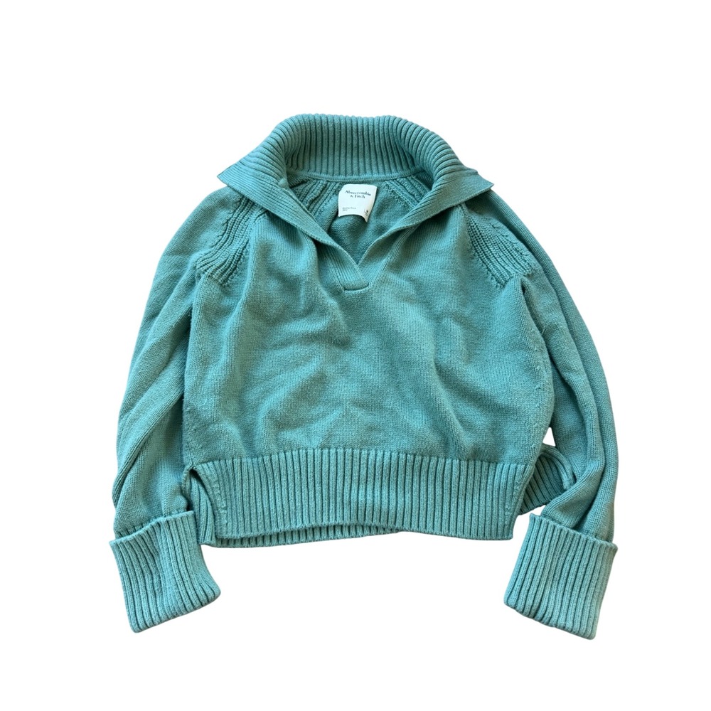 Abercrombie & Fitch Sage Green Chunky Ribbed V-Neck Collared Sweater Womens‎ M